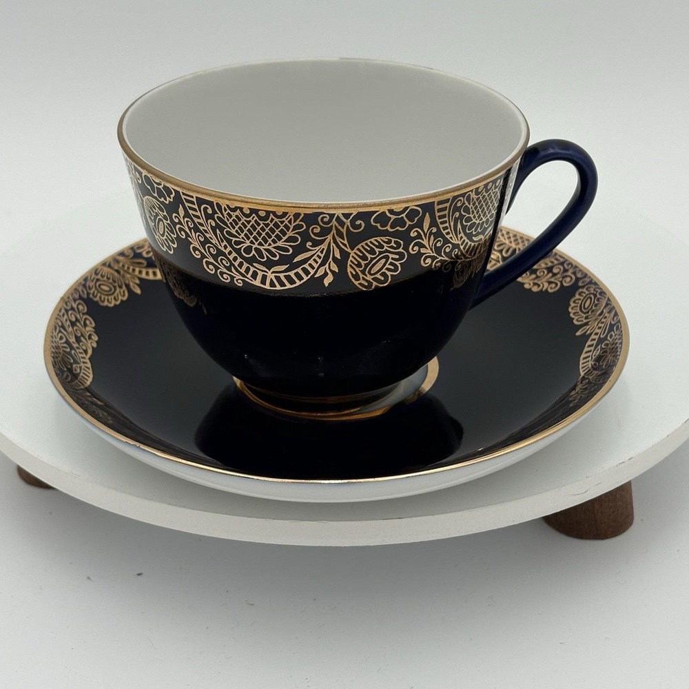 Vintage Russian Cobalt Net Gold Web‎ Lomonosov Tea Cup with Saucer Set of 6